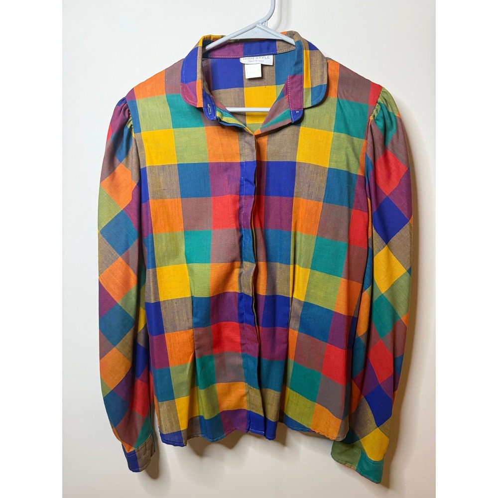 Vintage High Style Rainbow Buffalo Plaid Button Up Blouse Large Made in USA